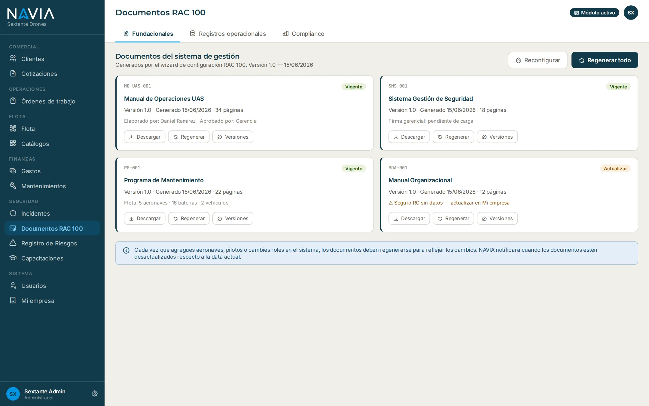 Documentos RAC 100 en NAVIA: manual de operaciones, SMS, programa de mantenimiento y manual organizacional