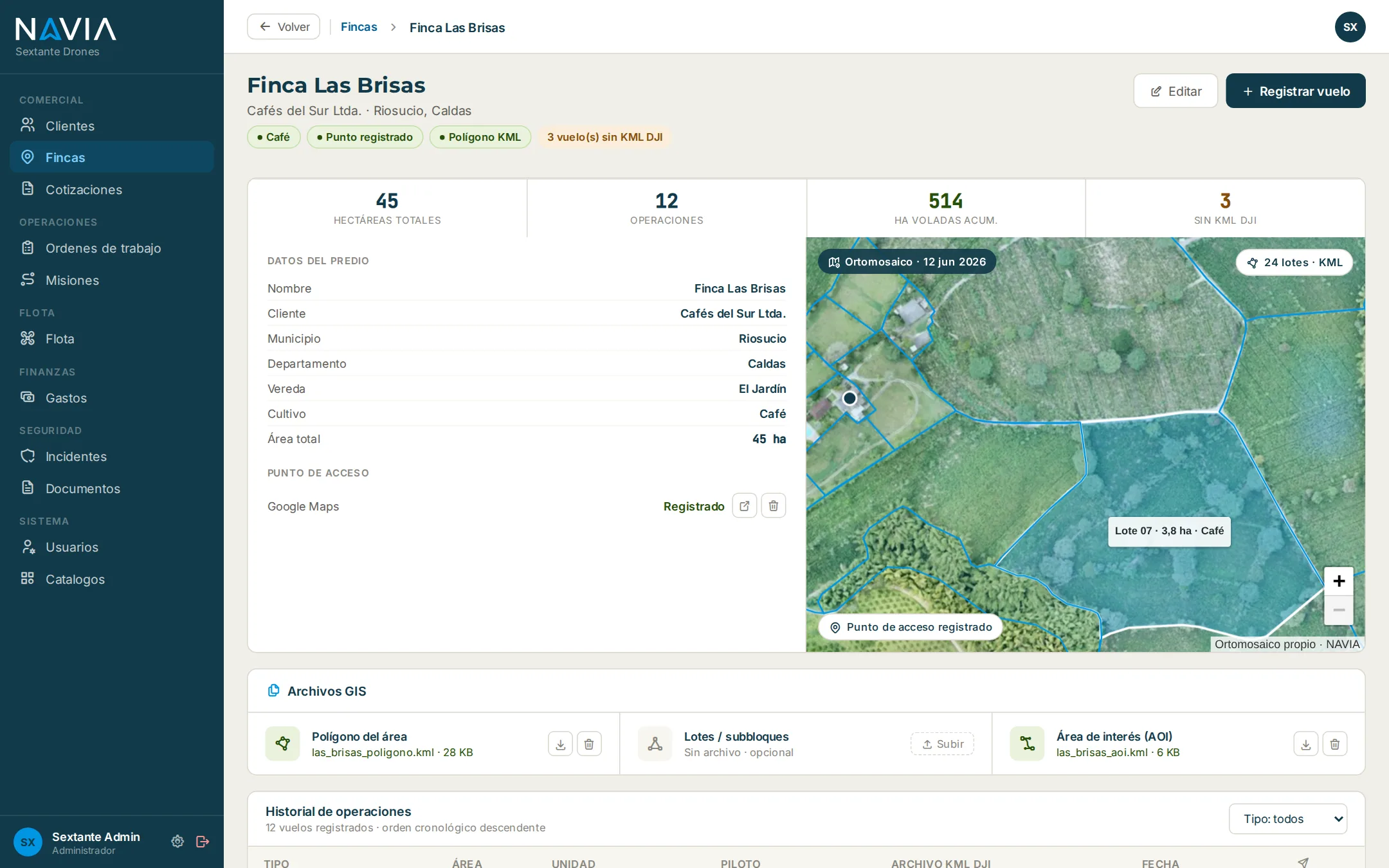 Ficha de una finca con el mapa del ortomosaico, los lotes en KML y el historial de vuelos